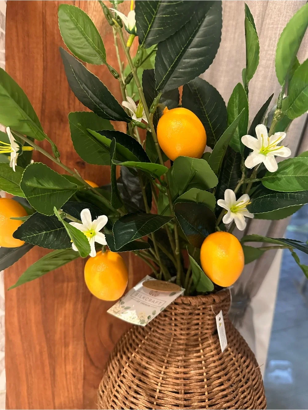 Artificial Lemon Branch Arrangement in Brown Woven Vase - Home Accents